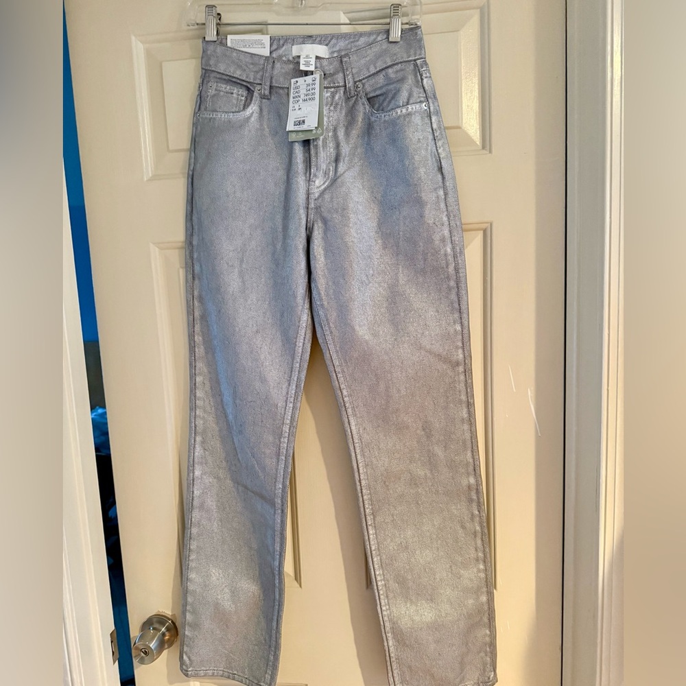 H&M 2 Silver Metallic Coated Jeans High Rise Straight Leg